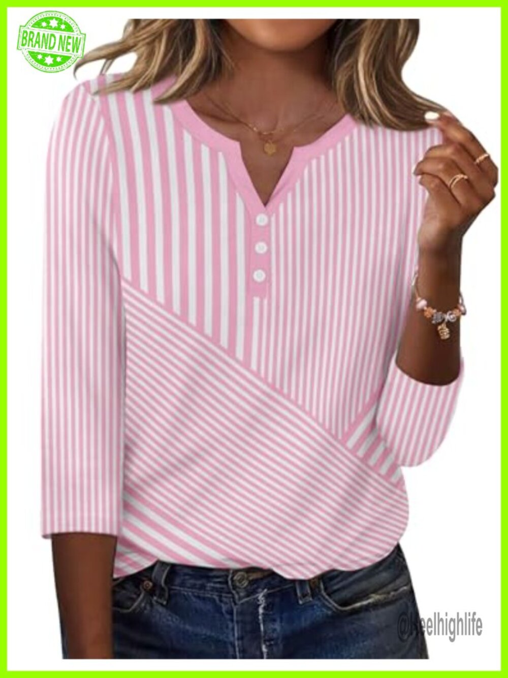 Women's 3/4 Sleeve Henley Blouse Loose Fit Striped Casual Top